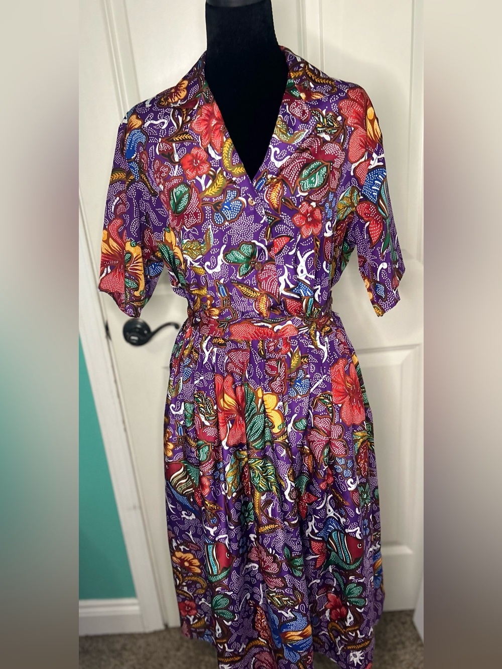Vintage 1980s Avon Fashions Tropical Coastal Fish Flower Pleated Skirt Set